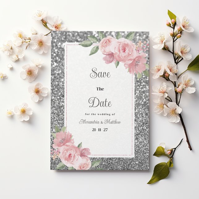 Invitation Économisez la date florale rose pailleté argenté (Silver sparkly glitter pink floral Save The Date)