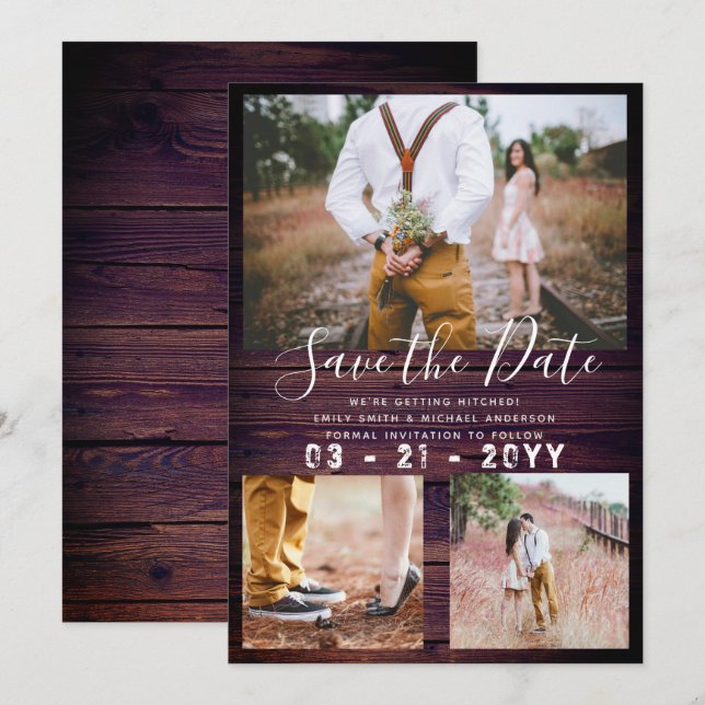 Invitation Économisez la date Mariage PHOTO COLAGE Rustique V (Devant / Derrière)