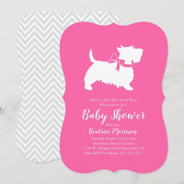 Invitation Écossaise Terrier Chien Baby shower Rose Girl (Devant / Derrière)