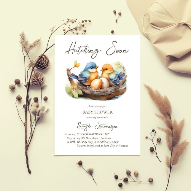 Invitation Écouter bientôt les petits oiseaux nichent baby sh (Hatching soon cute little birds in nest spring baby shower template  invitation digital download )