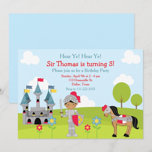 Invitation Ecoutez la fête d'anniversaire de votre chevalier  (Devant / Derrière)