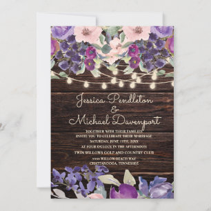 Invitation Écran Rustique Bois Éclairage Violet Rose Floral