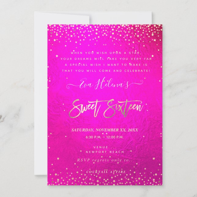 Invitation Écrit dans les Stars Sweet 16, le rose néon flashy (Devant)