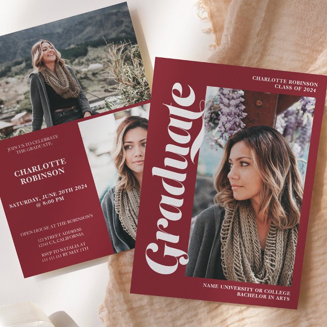 Invitation Écriture 3 de l'élève rouge (Red graduate script 3 photo graduation invitation)