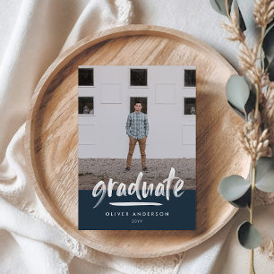 Invitation Écriture bleu marine moderne 3 photo graduation de