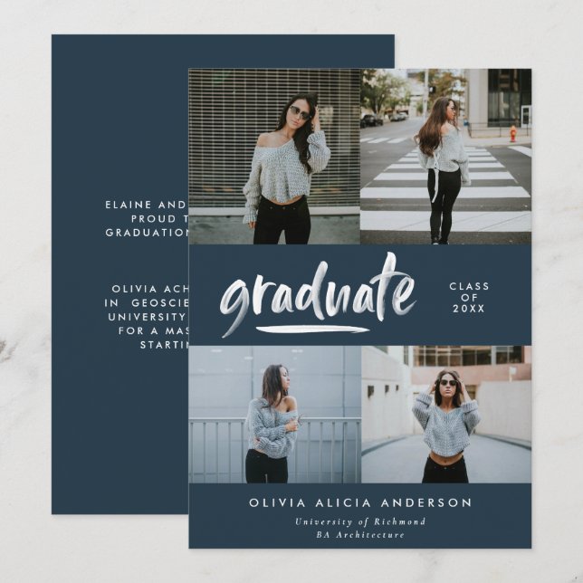 Invitation Écriture bleu marine moderne 4 photo graduation de (Devant / Derrière)