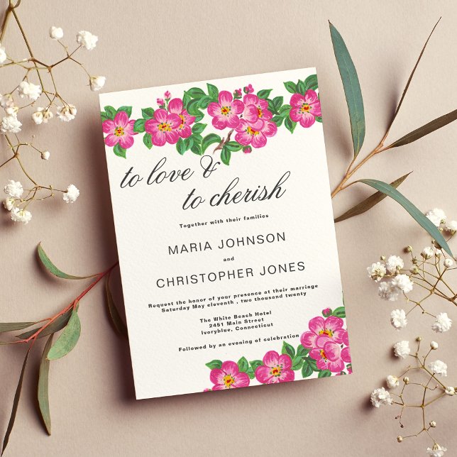 Invitation Écriture classique mariage floral rose vif (Classic script bright pink green floral wedding )