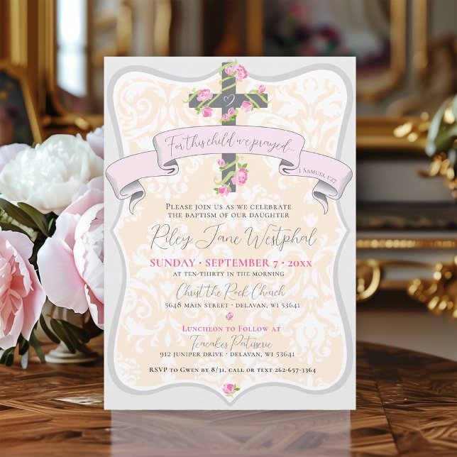 Invitation Écriture Croix Florale Damask Baby Girl Baptism (Cute soft pink rose bud cross church baptism & luncheon celebration invitation beige yellow damask )