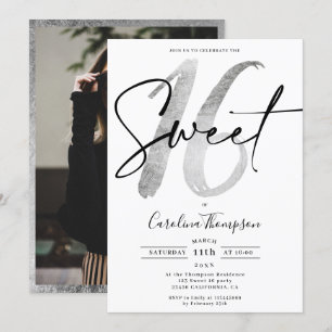 Invitation Écriture de bordure argent fillette photo Sweet 16