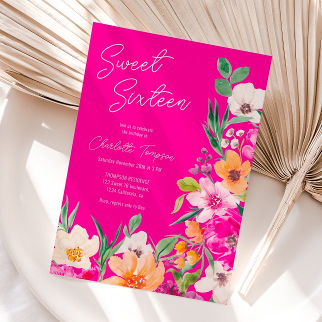 Invitation Écriture de fleurs sauvages brillantes Sweet 16 (Bright bold wild flowers script Sweet 16 Invitation)