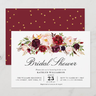 Invitation Écriture d'or burgundy floral brush douche