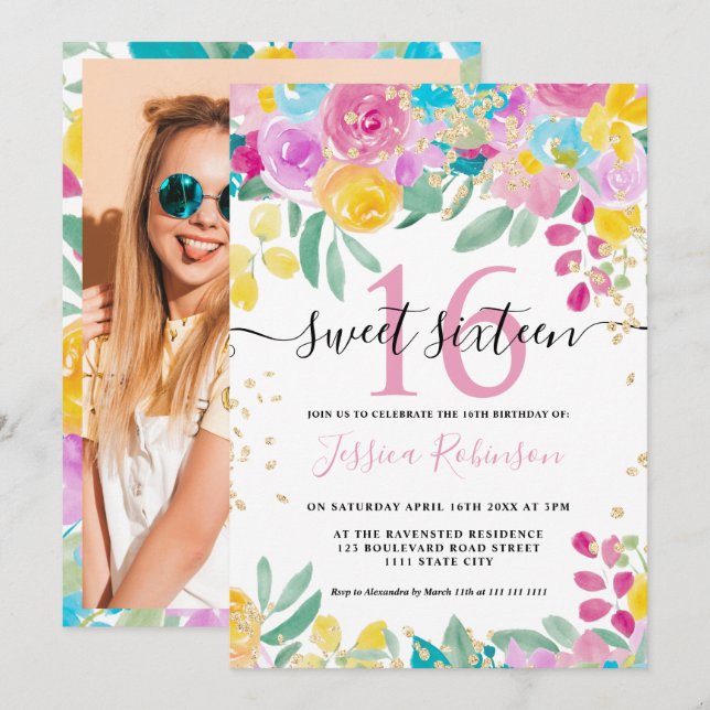 Invitation Écriture dorée rose jaune printemps Sweet 16 (Devant / Derrière)