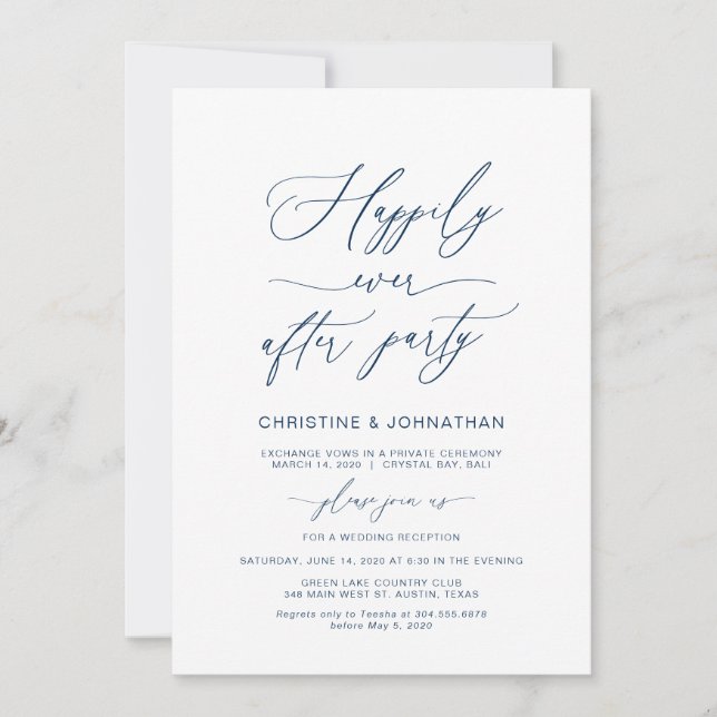 Invitation Écriture Élégante, Bleu Nuit, Fuite de Mariage (Devant)