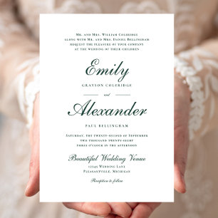 Invitation Écriture Élégante Émeraude Vert Blanc Mariage