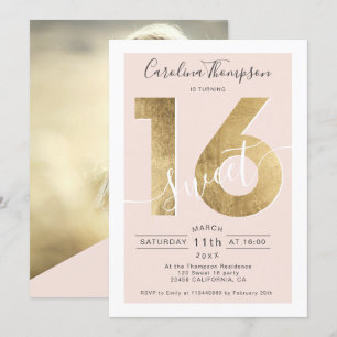 Invitation Écriture en feuille d'or chic vidage Sweet 16 phot