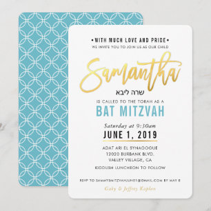 Invitation Écriture en or bleu turquoise BAT MITZVAH SAMANTHA