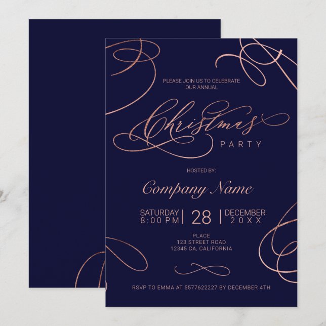 Invitation Écriture en or florissante rose de la Marine (Devant / Derrière)