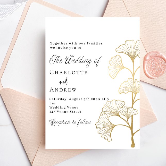 Invitation Écriture feuille en or blanc mariage (Créateur téléchargé)