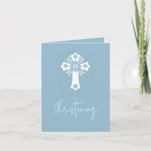 Invitation (écriture) Floral Cross Baptism Sky Blu