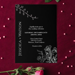 Invitation Écriture minimaliste mariage floral noir et blanc