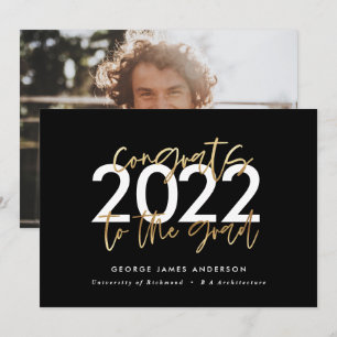 Invitation Écriture moderne noir et or graduation photo