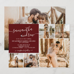 Invitation Écriture moderne rouge bordeaux 6 photos mariage