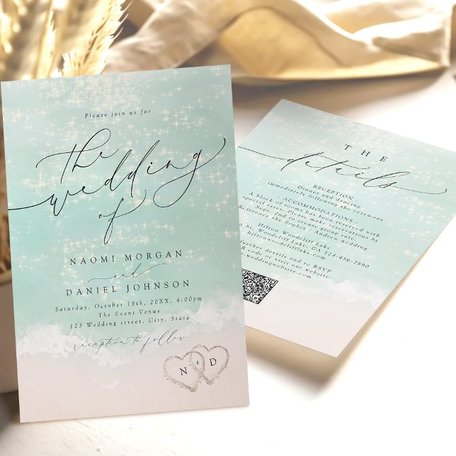 Invitation Écriture moderne Sables Cœurs Plage Mariage Tout E (Modern Script Sand Hearts Beach Wedding All In One Invitation)