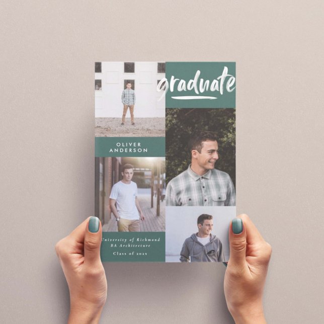 Invitation Écriture verte moderne 4 photo graduation design (Créateur téléchargé)