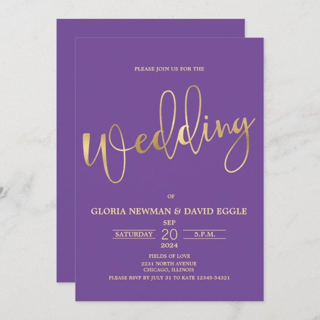 Invitation Écriture violet et or Mariage de code QR (Devant / Derrière)