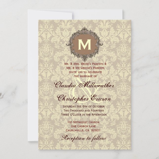 Invitation Ecru Café Sienna Chocolat Monogramme Mariage V010 (Devant)