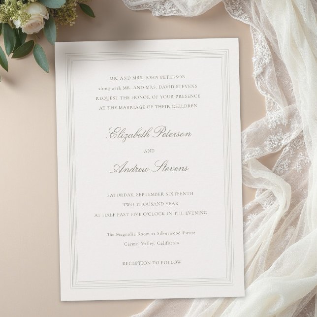 Invitation Ecru Formal Romance Classic Triple Frame 2 Wedding (formal wedding invitation modern classic triple frame faux embossed black tie ballroom ecru subtle)