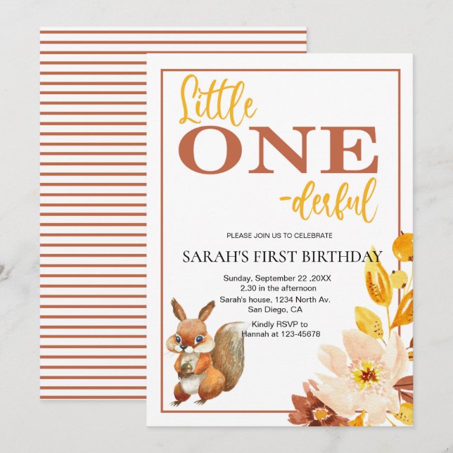 Invitation Écureuil des enfants mignons Premier anniversaire  (Devant / Derrière)