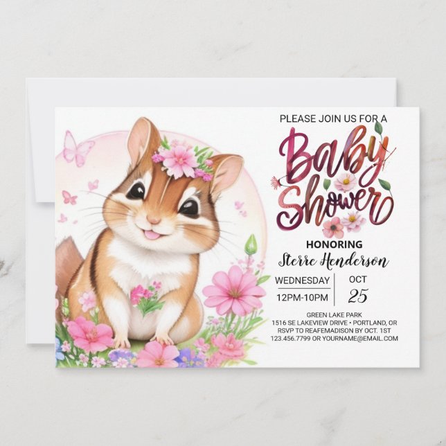 Invitation Écureuil doux Baby shower rose floral fille (Devant)