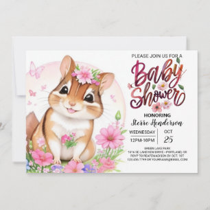 Invitation Écureuil doux Baby shower rose floral fille
