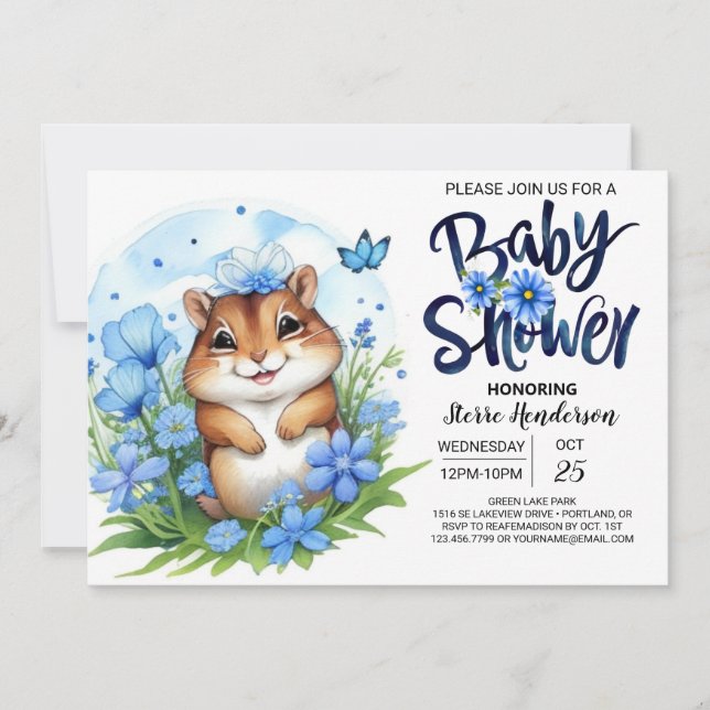 Invitation Écureuil doux Floral Blue Boy Baby shower (Devant)