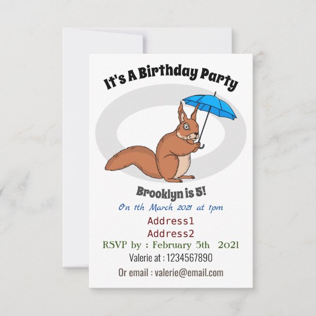 Invitation Écureuil rouge mignon avec dessin animé parapluie (Devant)