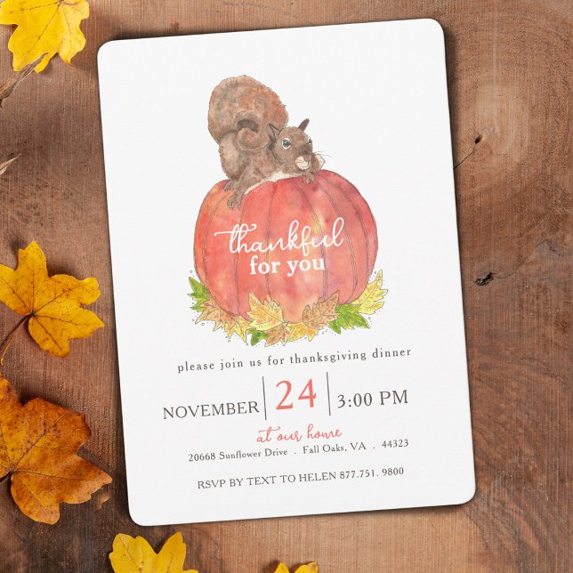 Invitation Écureuil sur l'aquarelle Citrouille Thanksgiving (Autumn Watercolor Squirrel Thanksgiving Invitation)