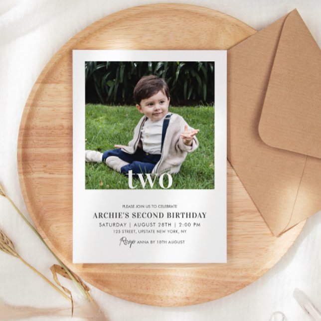 Invitation Editable 2e anniversaire Photo Minimal Photo Garço (2nd birthday invitation with photo template modern minimalist digital cute boy)