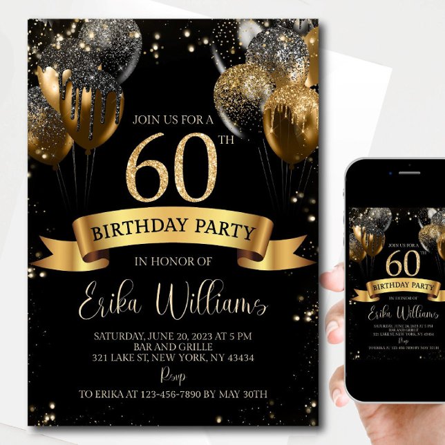 Invitation Editable 60th Birthday Invitation: Black & Gold Ba (Créateur téléchargé)