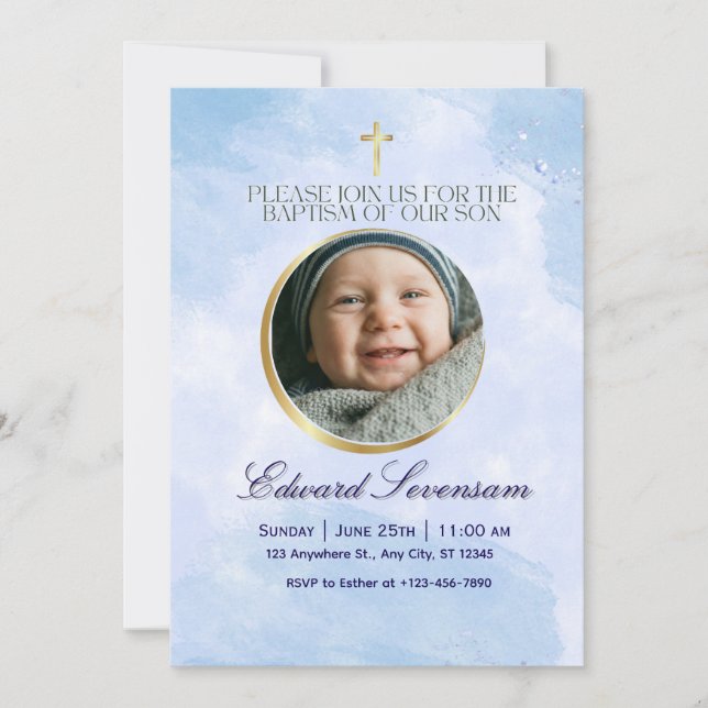Invitation Editable Blue Cloud Baby Boy Baptism  (Devant)