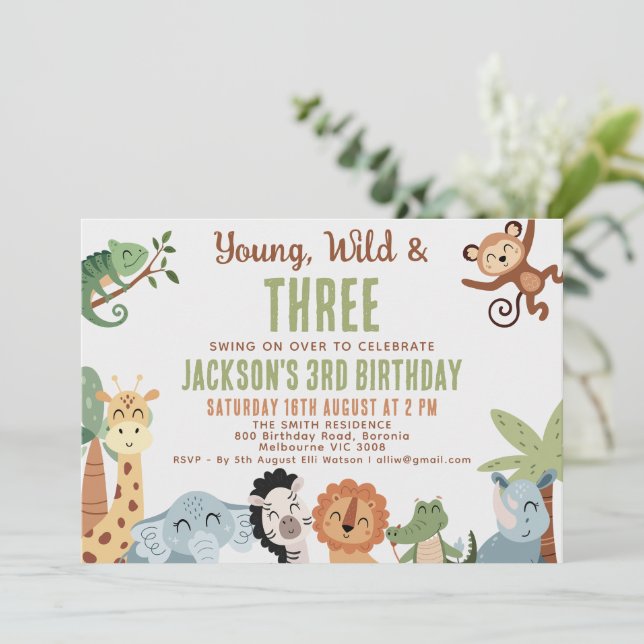 Invitation Editable Brown Green Young Wild Three 3rd Birthday (Debout devant)