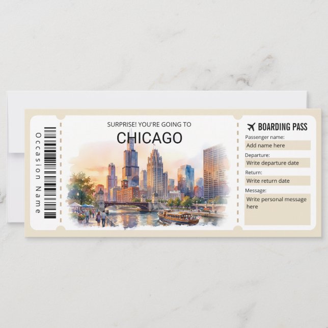 Invitation Editable Chicago Trip Boarding Pass Ticket (Devant)