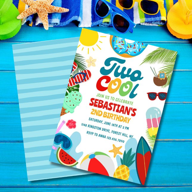 Invitation Editable Deux Fête d'anniversaire de piscine cool  (Summer-themed Two Cool invite – perfect for your two-year-old!)