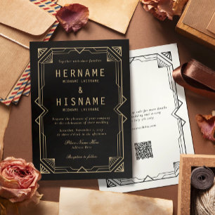 Invitation Éditable Élégant Mariage Art Déco Noir QR RSVP