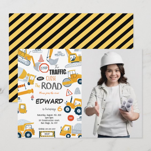 Invitation Editable Fermer la photo Construction de la route (Devant / Derrière)