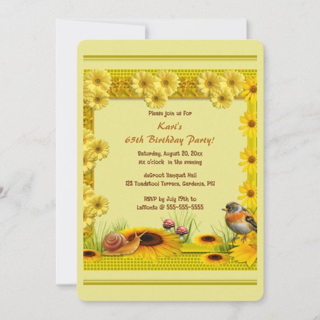 Invitation Editable Garden Sunflowers Daisies Toadstool Robin (Devant)
