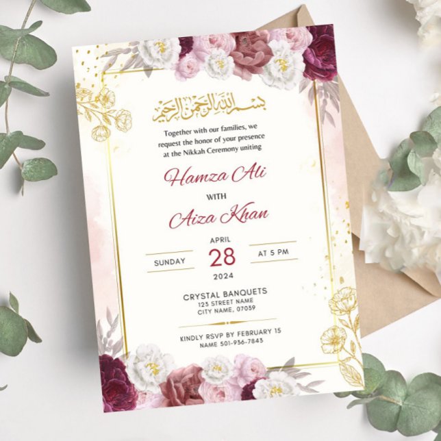 Invitation Editable Islamique Nikkah Rouge Floral Mariage mus (Créateur téléchargé)