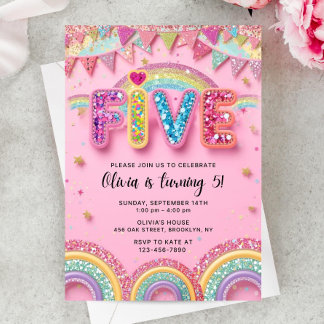 Invitation Editable Pink Rainbow Sequin 5th Birthday Invitati