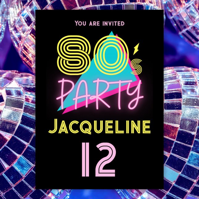 Invitation Editable Retro 80s Party Neon rose 12e anniversair (Créateur téléchargé)