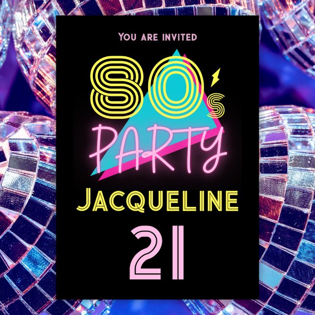 Invitation Editable Retro 80s Party Neon rose 21e anniversair (Créateur téléchargé)